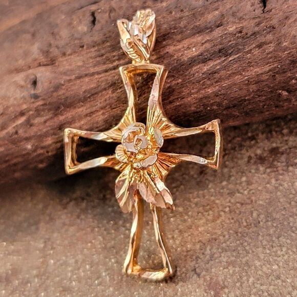 Gold Over Sterling Diamond Cut 3D Rose Open Cross Pendant - Picture 3 of 5